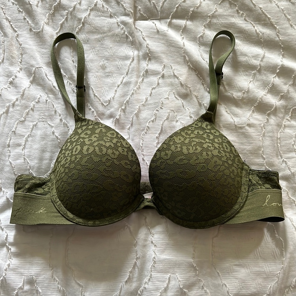Pink Victoria secret push up bra 34A green lace